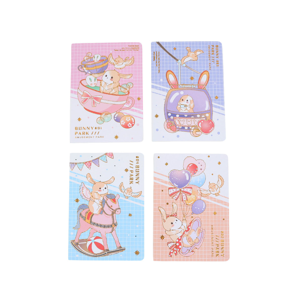 Pack of 4 bunny park cute cartoon notebooks with pastel blue and pink covers, rabbit illustrations