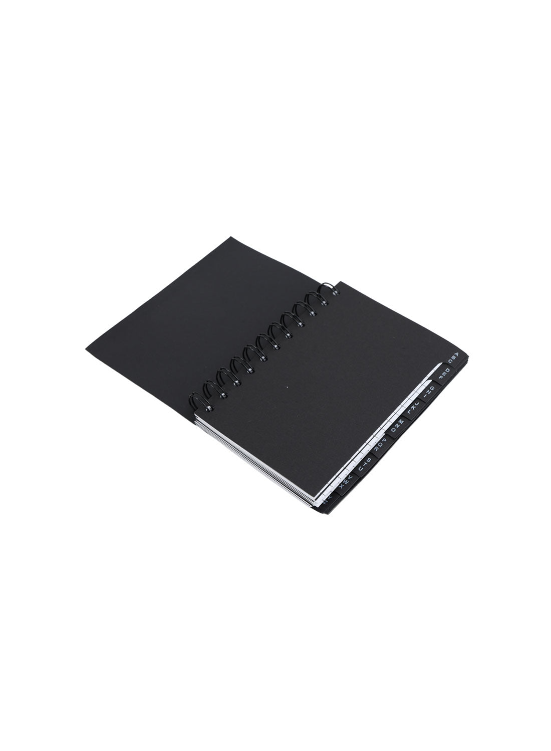 Black spiral address notebook with angled cover and notebook edge
