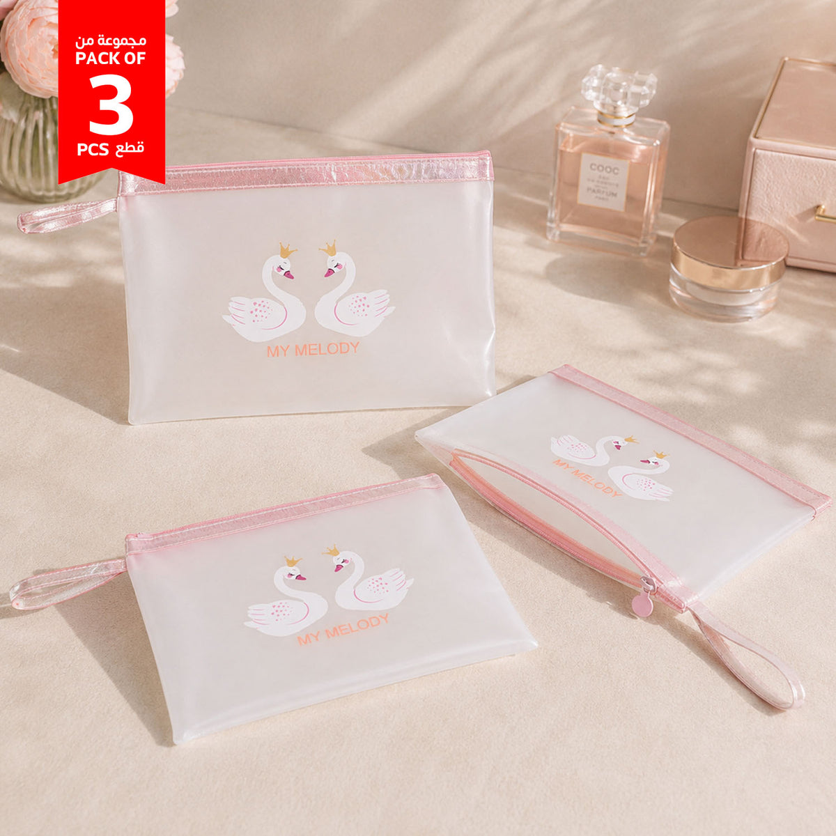 Pack of 3 transparent cosmetic bags with pink trim and My Melody swan print