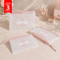 Pack of 3 transparent cosmetic bags with pink trim and My Melody swan print