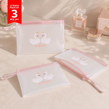 Pack of 3 transparent cosmetic bags with pink trim and My Melody swan print