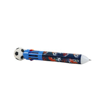 Navy sports ball topper pen with soccer pattern and white writing tip