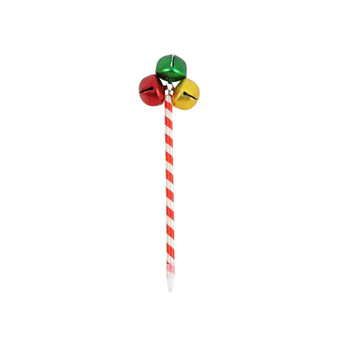 Holiday jingle bell pen with red-and-white striped barrel and red, green, gold bells