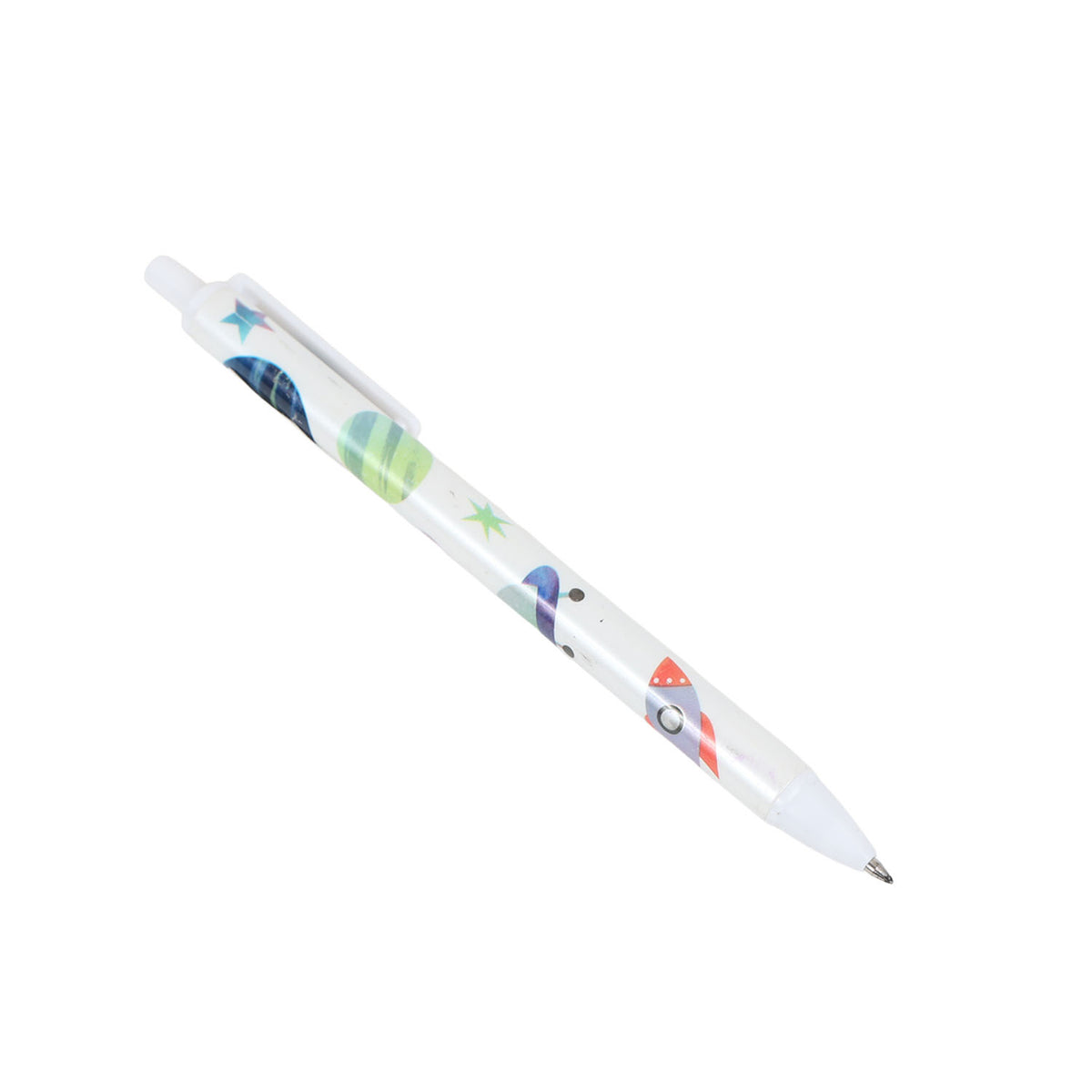 Space theme click gel pen with white barrel and rocket, star, and planet pattern