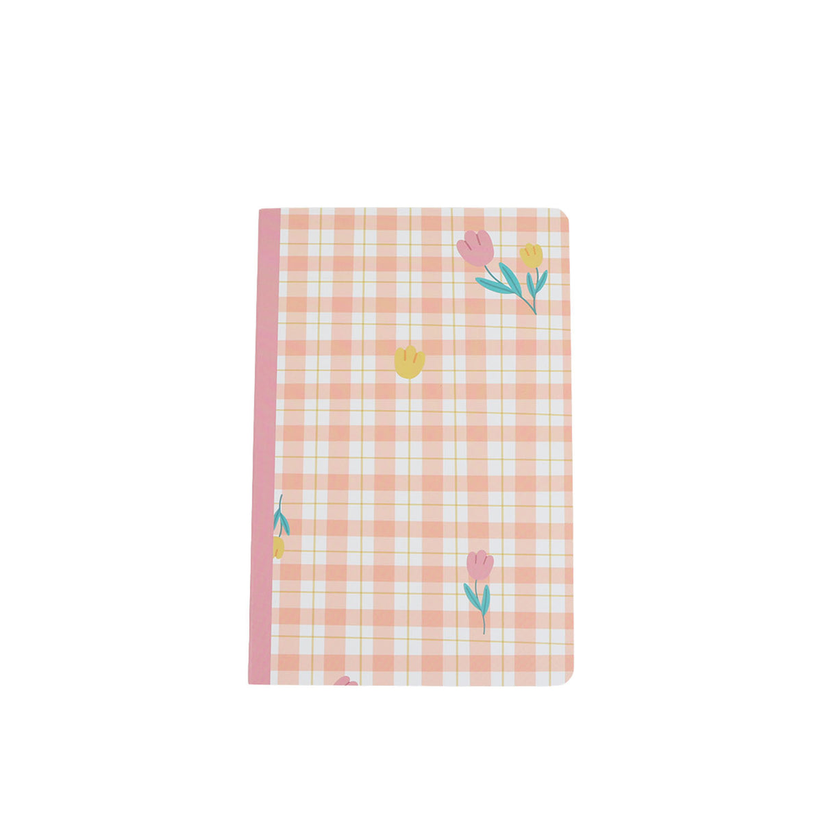 Peach plaid notebook cover with small floral and leaf accents