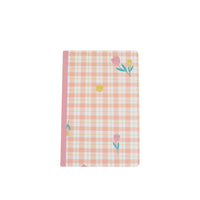 Peach plaid notebook cover with small floral and leaf accents