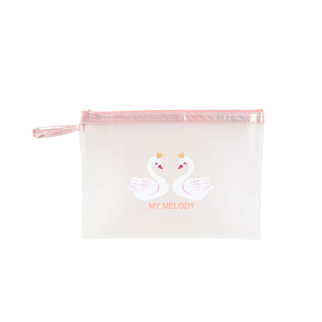 Transparent cosmetic bag with My Melody swan print and pink zip top