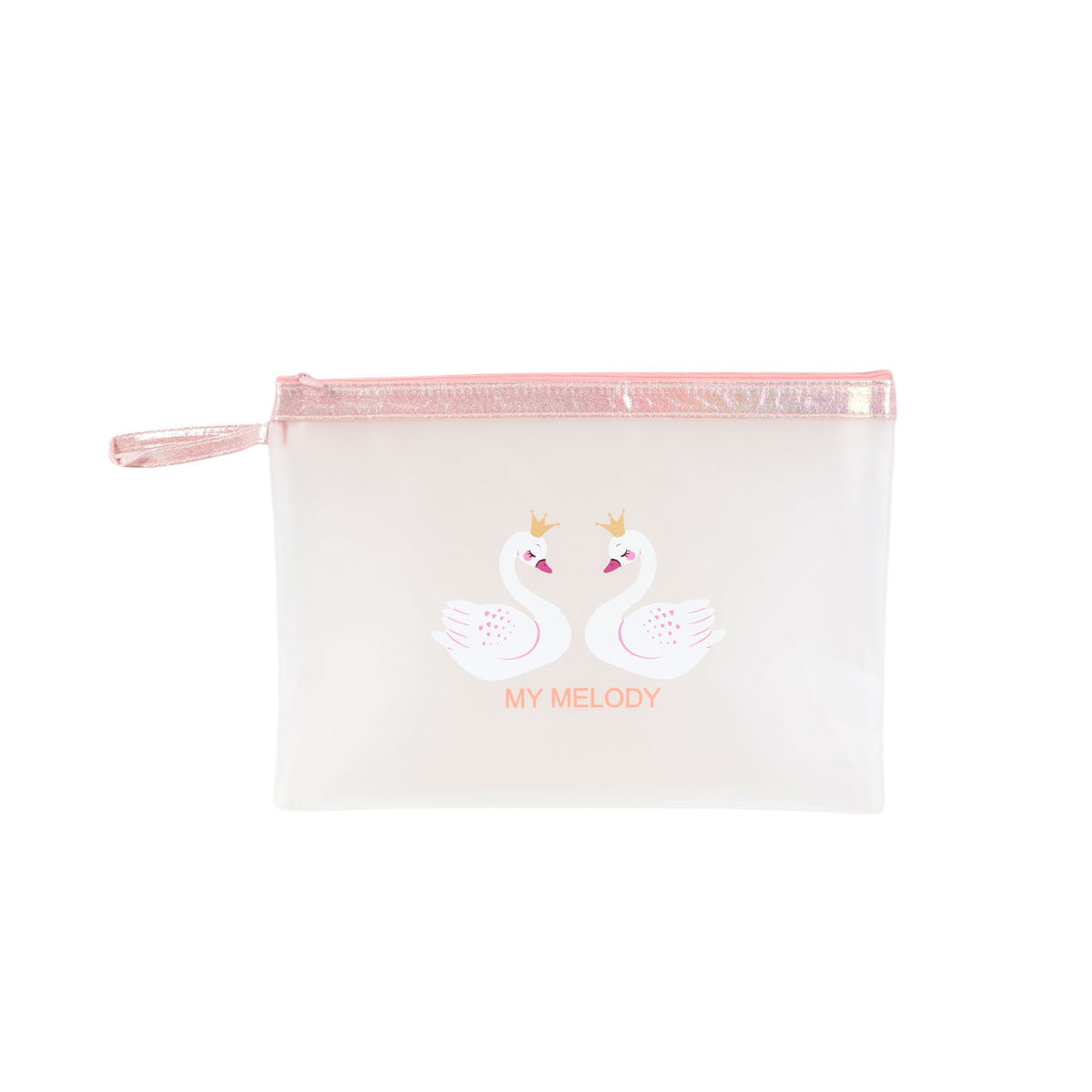 Transparent cosmetic bag with My Melody swan print and pink zip top