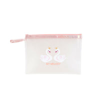 Transparent cosmetic bag with My Melody swan print and pink zip top