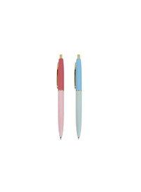 Two pastel click pens: pink and blue, gold accents on barrel and clip
