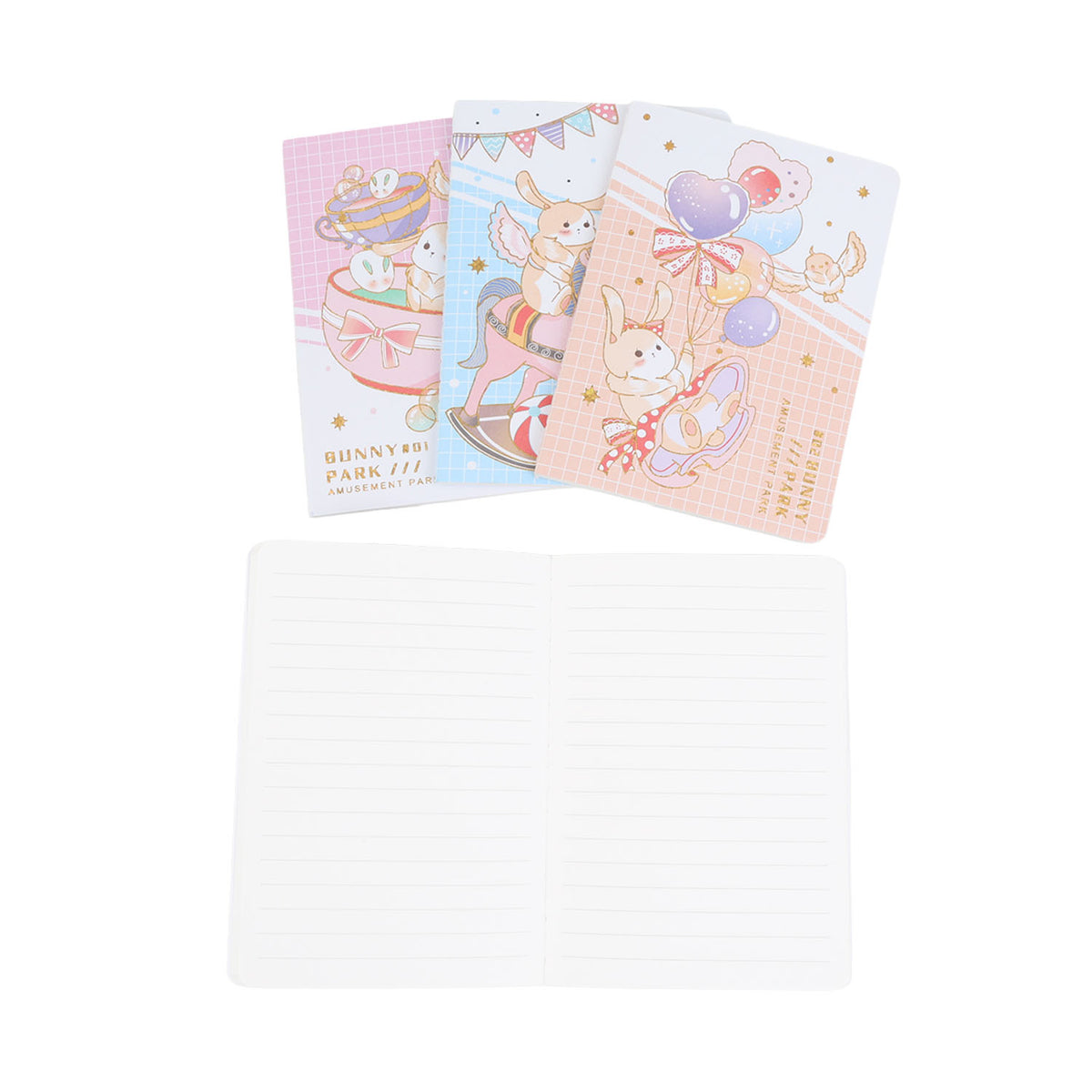 Set of 4 bunny park cartoon notebooks with white lined inner pages visible, mixed cover colors