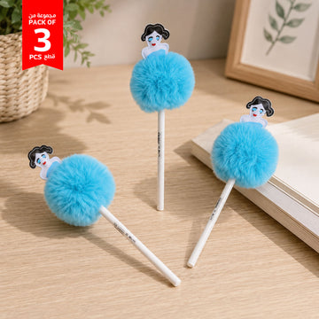 Set of 3 blue fluffy ball pens on tabletop with decorative girl charms