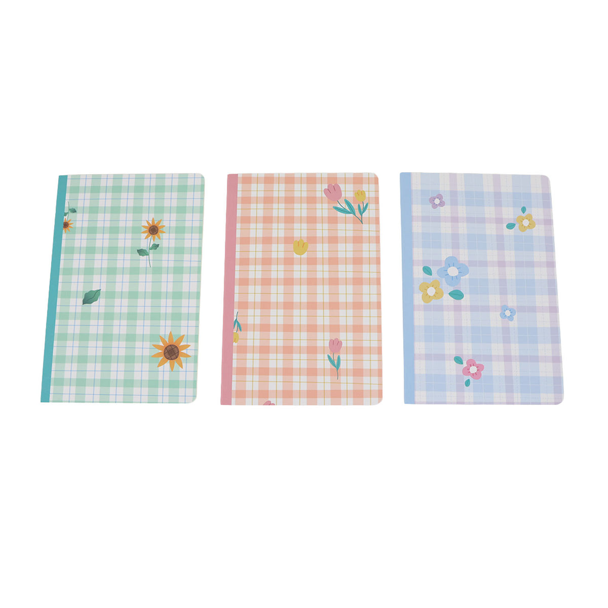 Three plaid floral notebook covers: mint, peach, and light blue