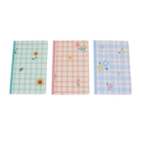 Three plaid floral notebook covers: mint, peach, and light blue