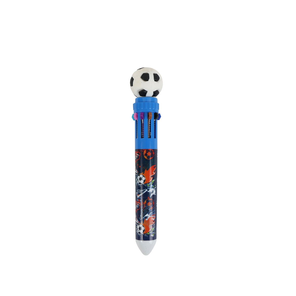 Blue and black sports ball topper pen with soccer print and white writing tip