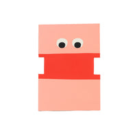 Cartoon face notebook with pink top, red middle and bottom, big googly eyes
