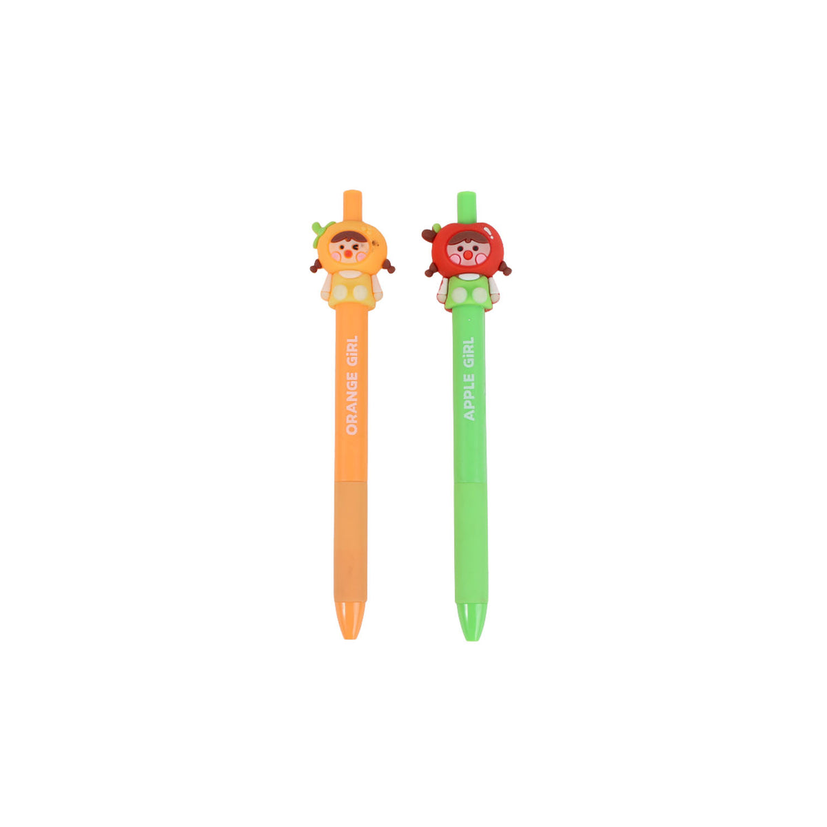 Two fruit-girl pens: orange and green apple, each with character head topper