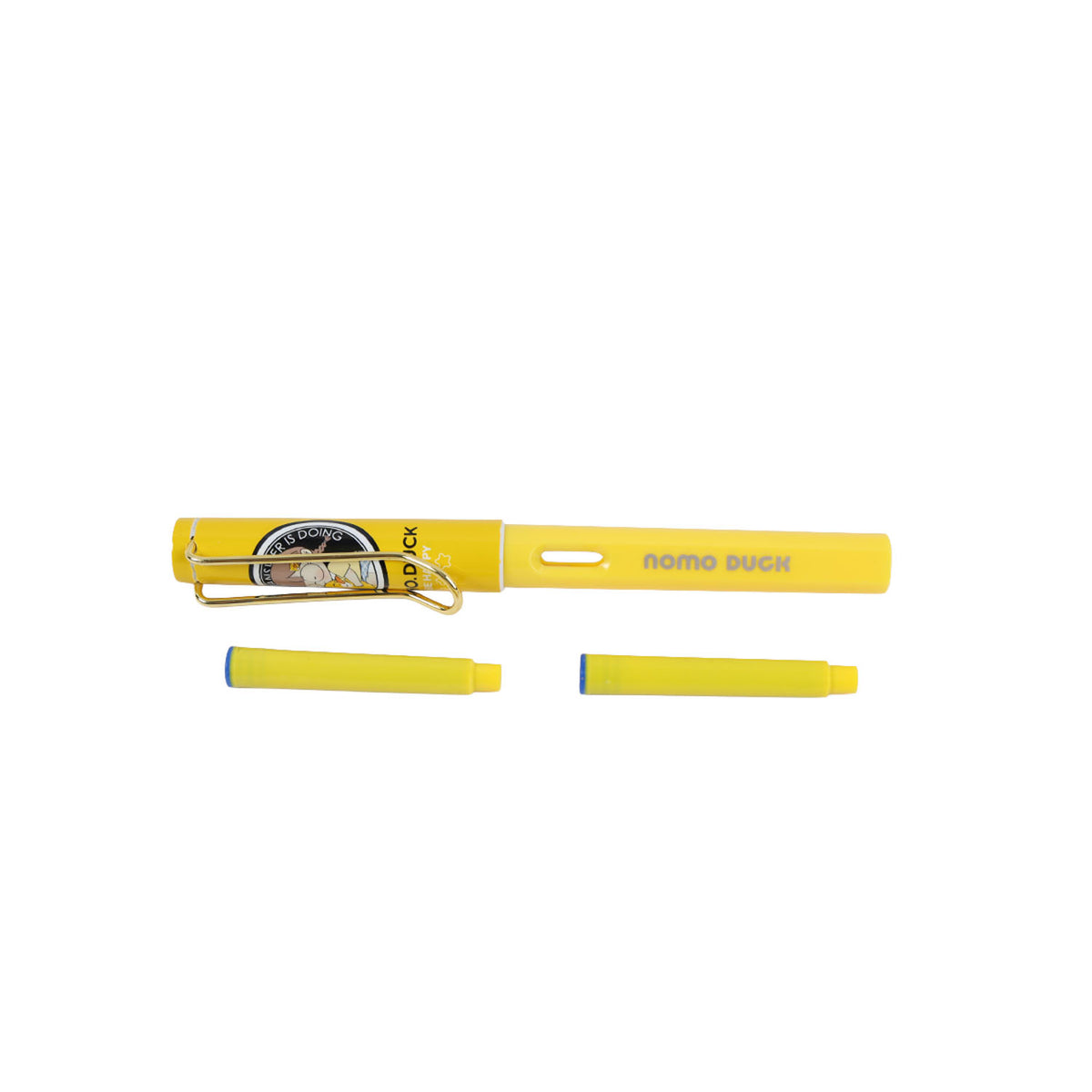 Yellow cartoon fountain pen with metal nib, with matching cap pieces shown