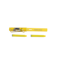 Yellow cartoon fountain pen with metal nib, with matching cap pieces shown