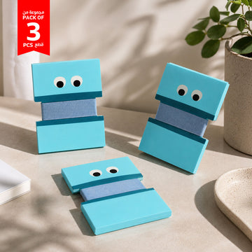 Pack of 3 blue cartoon cable organizers, stacked with big eye faces and fabric strap