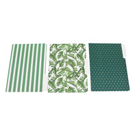 Three decorative file folders: green striped, tropical leaf print, dark green with gold dots.