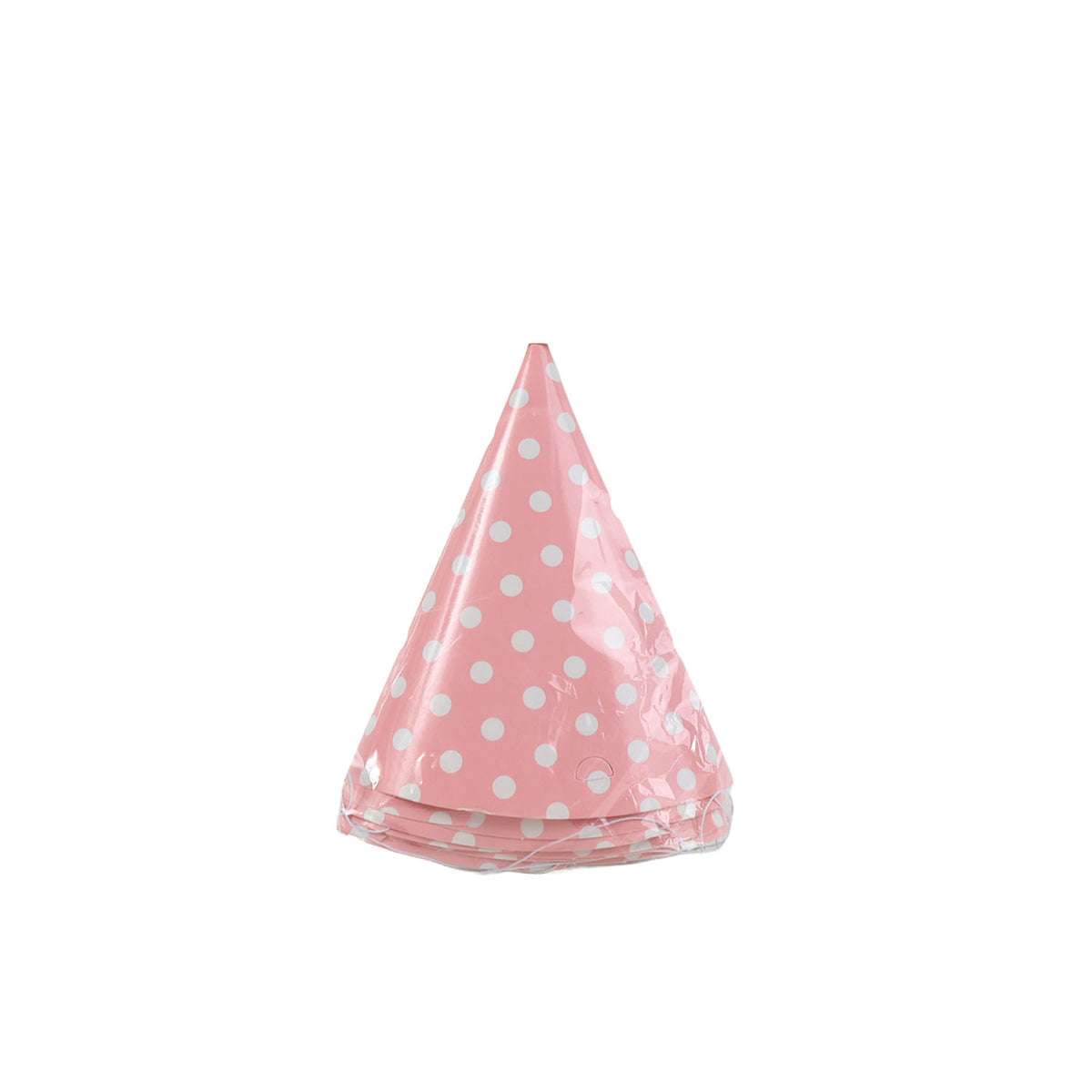 Pink polka dot party cone hat with elastic chin strap, close-up