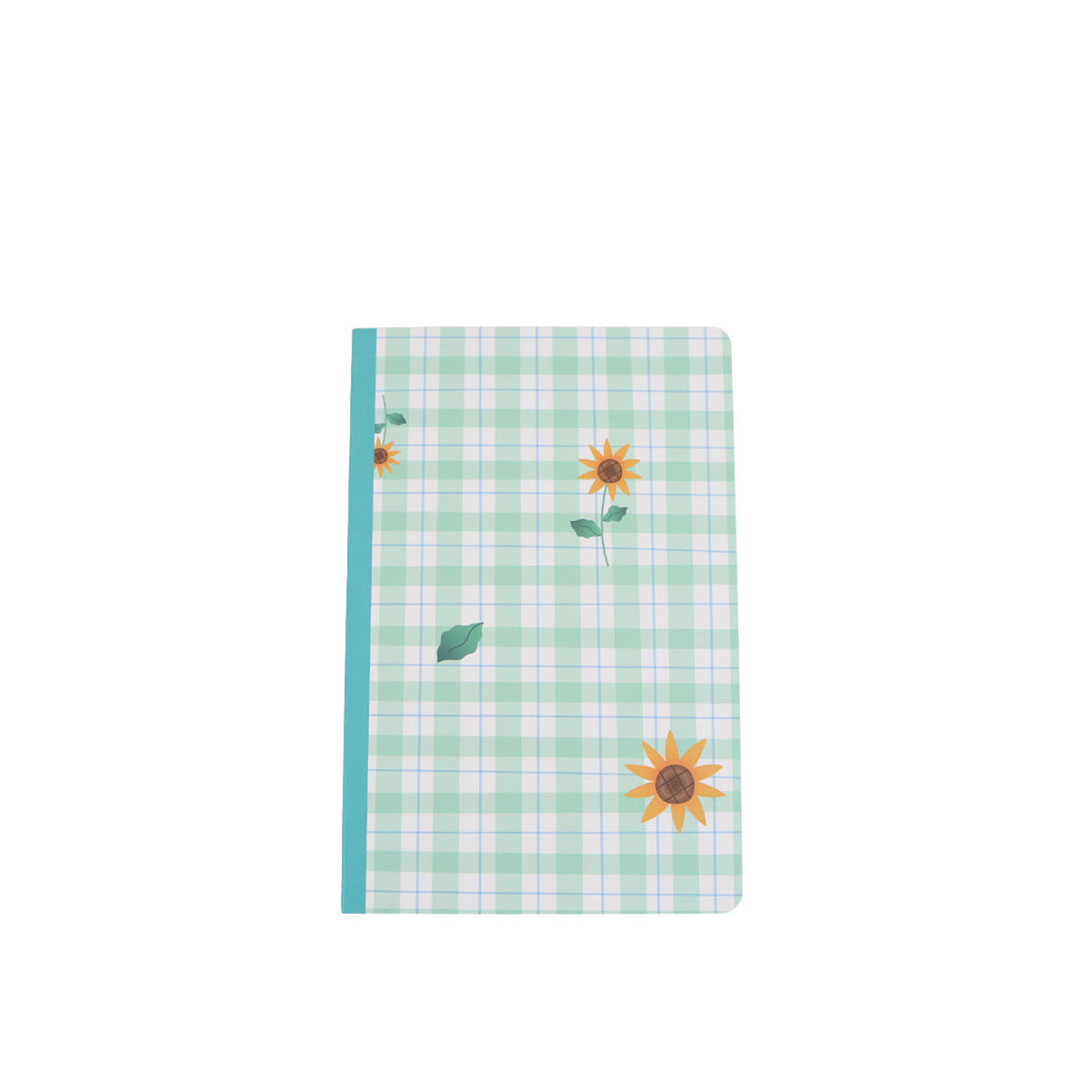 Mint green plaid notebook cover with sunflower and leaf accents