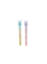 Two pastel bunny-ear pens on white: light blue and lavender, both with gold tips.