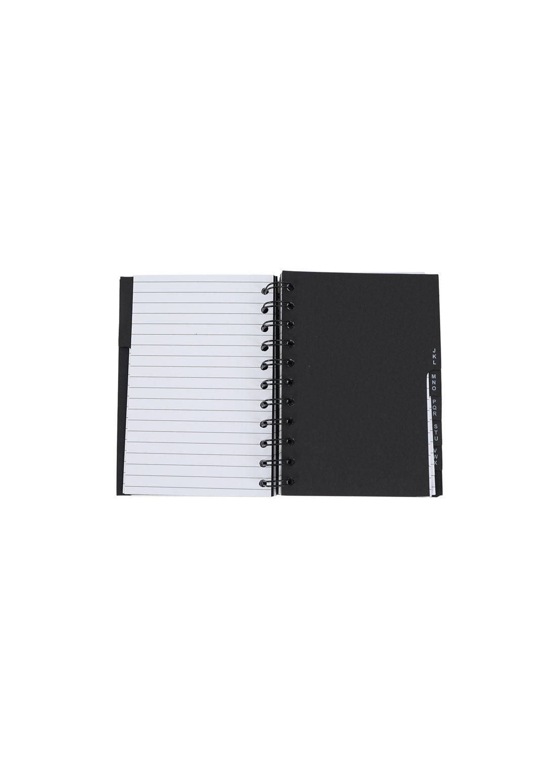 Black spiral notebook open showing lined pages and black back cover
