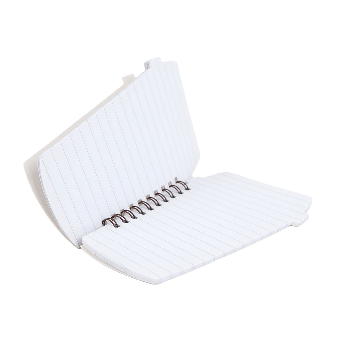 Open white lined spiral notebook with metal rings, showing inner pages