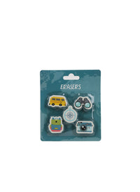 Teal blister pack of travel erasers with bus, compass, goggles, and camera icons