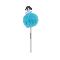 Blue fluffy ball pen with girl face topper charm and white barrel