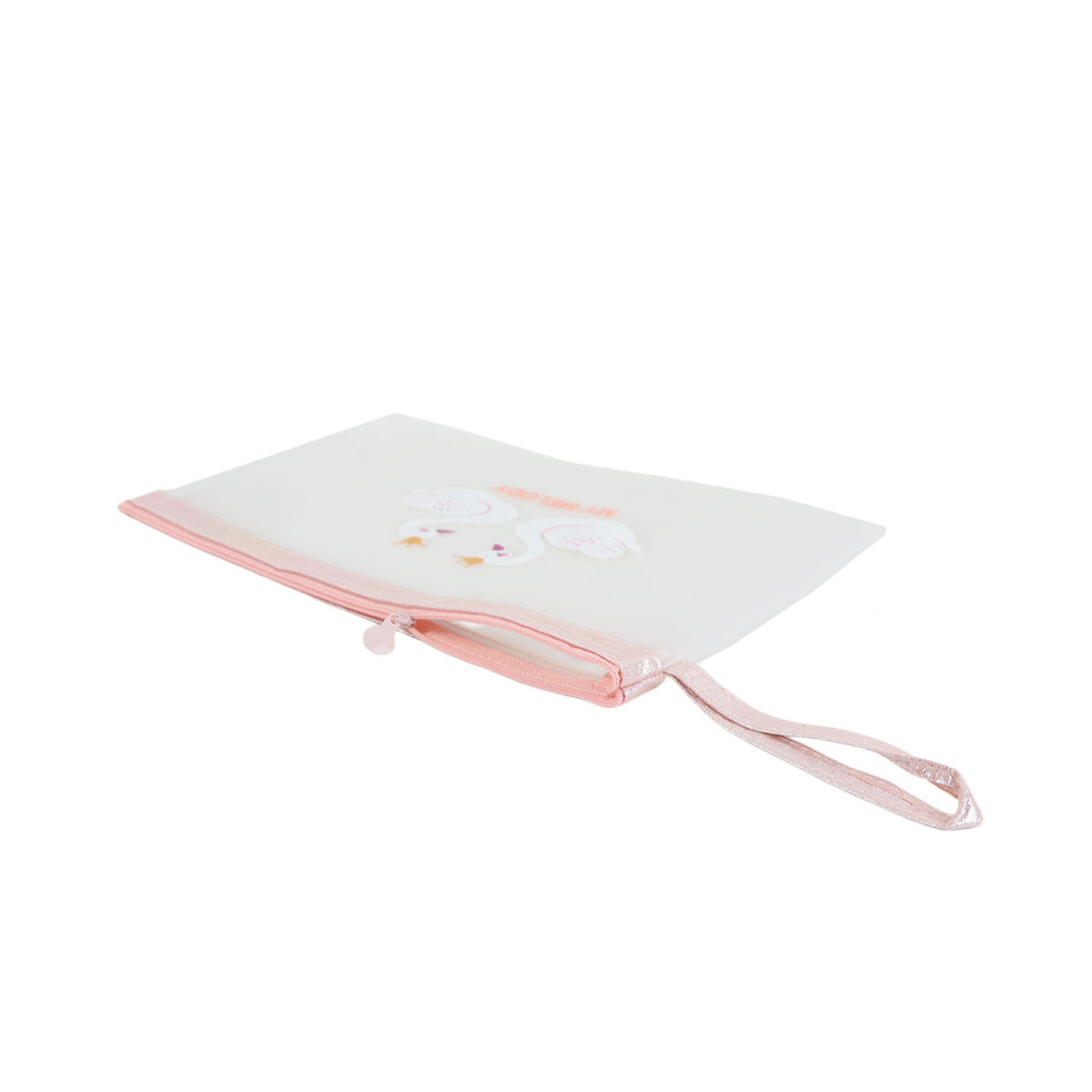 Transparent cosmetic bag with pink-trim wrist strap and My Melody swan print