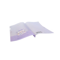 Two purple Molly plastic file folders overlapping, front artwork and label visible