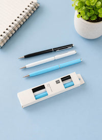 Ballpoint pen set with 3 colors: black, white, and light blue pens with box