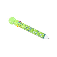 Lime green sports ball topper pen with patterned barrel and white writing tip