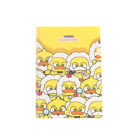 Yellow duck scientist notebook, back cover crowded with cartoon duck characters.
