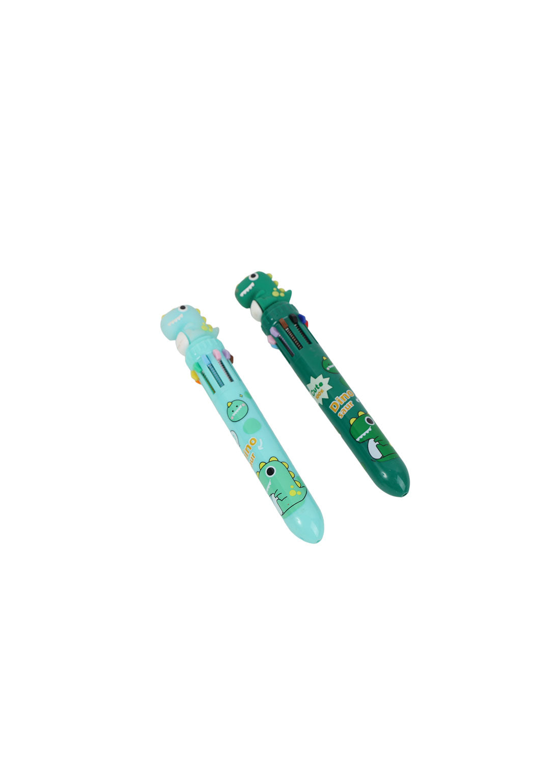 Set of four dinosaur cartoon pens shown: two light blue and two green, dinosaur head caps