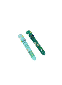 Set of four dinosaur cartoon pens shown: two light blue and two green, dinosaur head caps