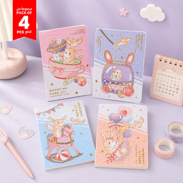 Pack of 4 cute bunny park cartoon notebooks, mixed pastel covers with spiral binding