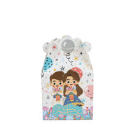 Kids Eid gift box with cartoon children, balloons, stars and confetti, teal base