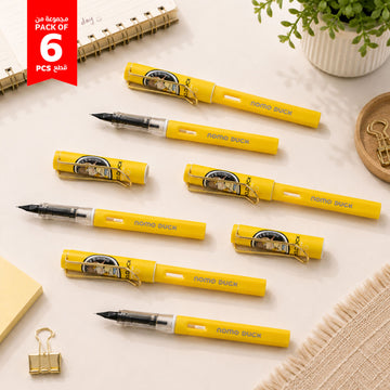 Pack of 6 yellow cartoon fountain pens with clear barrel and metal nib, capped, six included