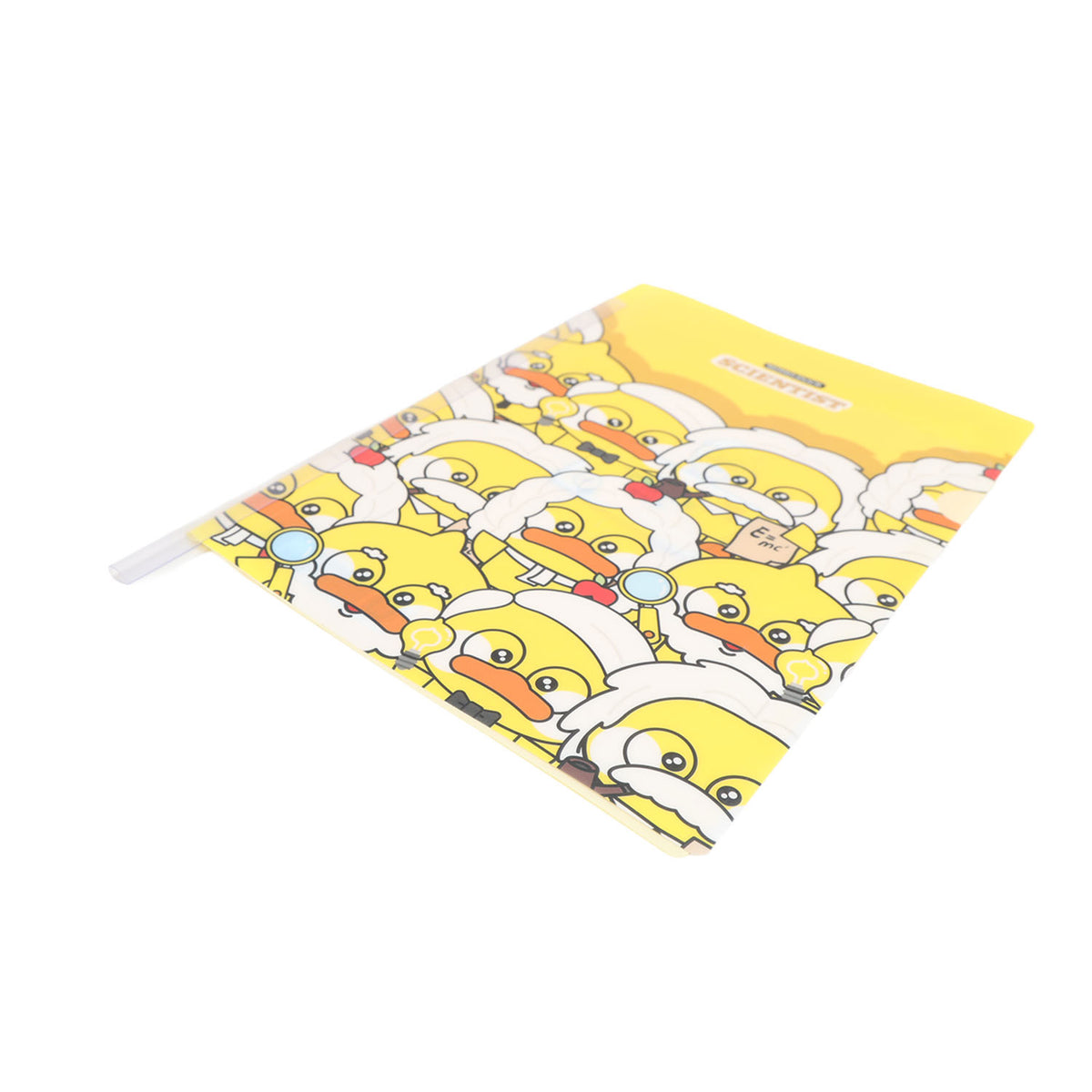 Open yellow duck scientist notebook showing illustrated pages and a white spine.
