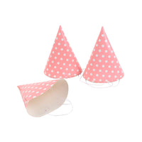 Pink polka dot party hats (2-pack): two cone hats plus a folded spare