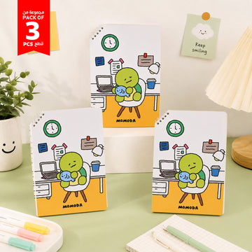 Pack of 3 cartoon spiral notebooks with colorful character desk illustration
