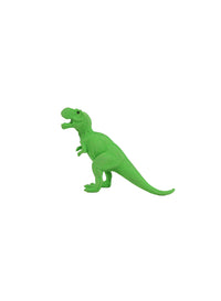 Green T-rex dinosaur toy figure on white background, side pose