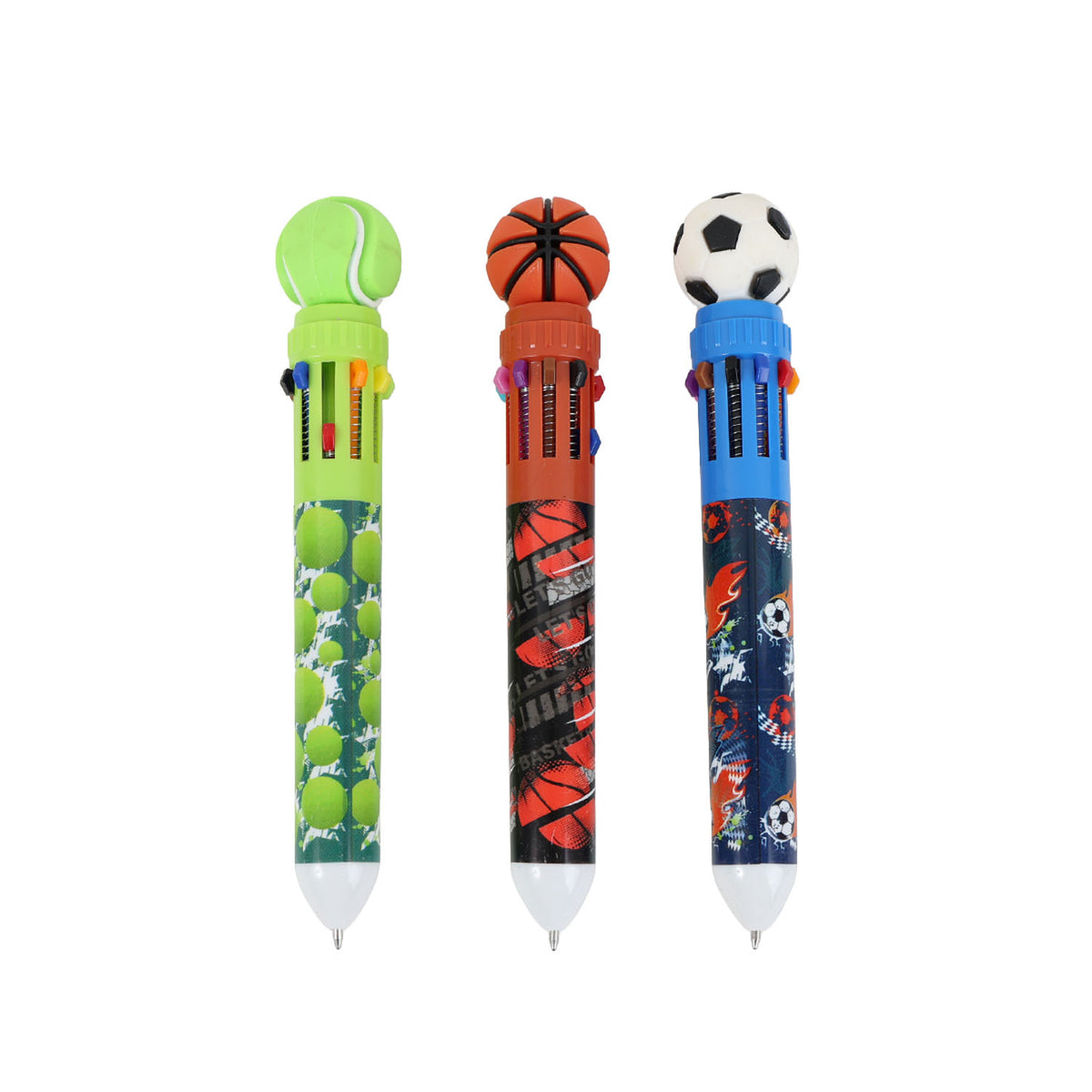 Three sports ball novelty pens in lime, orange, and navy with ball toppers