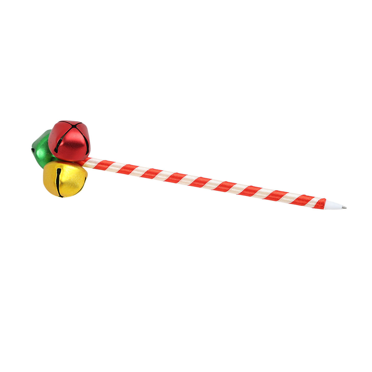 Holiday jingle bell pen with red-and-white striped barrel and multicolor jingle bell cap