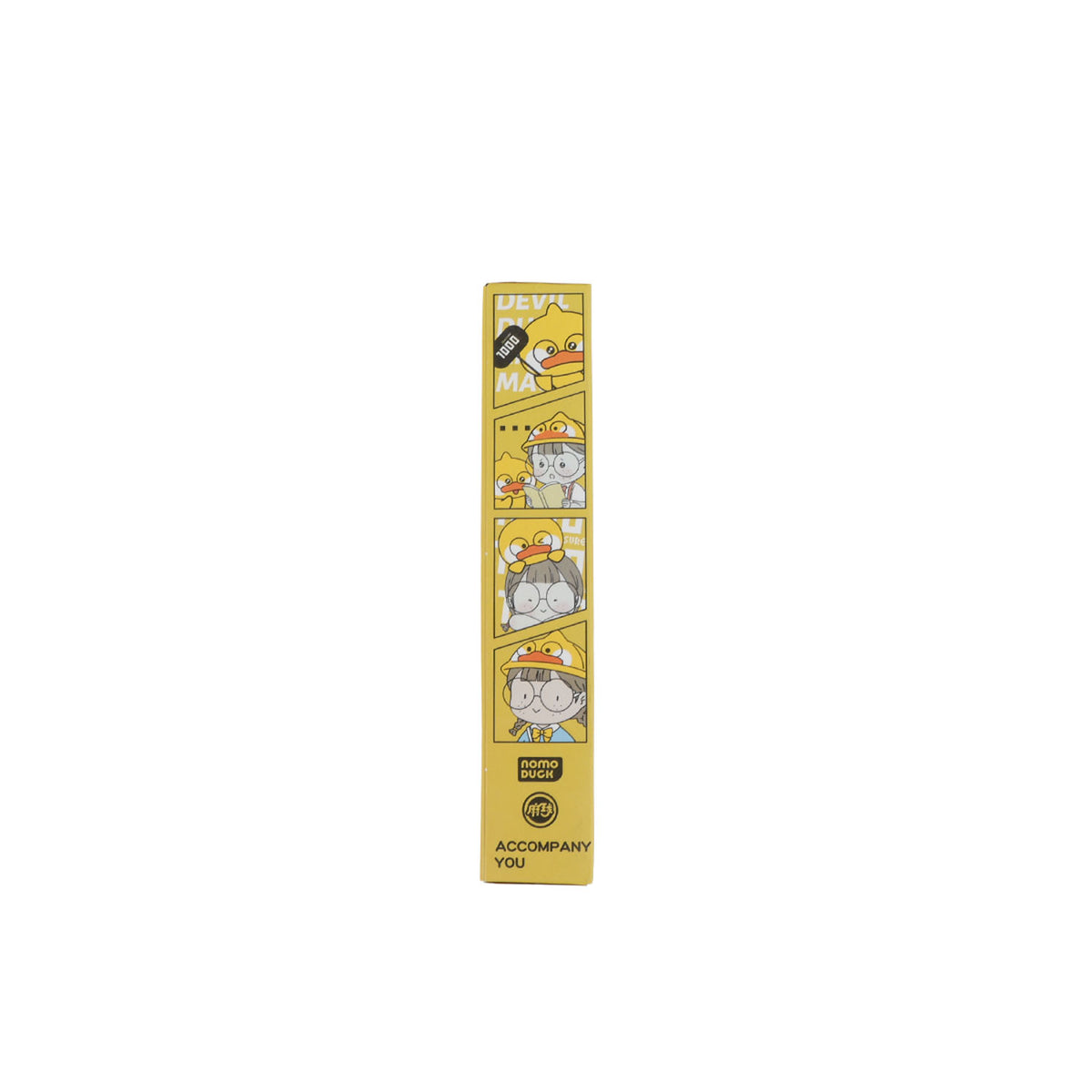 Pack of 6 yellow cartoon fountain pens in a tall cartoon sleeve with label details