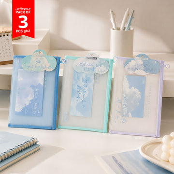 Pack of 3 transparent zip file bags with cloud print, blue, mint, and lavender panels